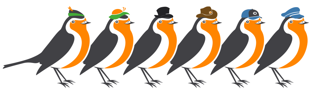 Five robins in a row, each wearing a different hat